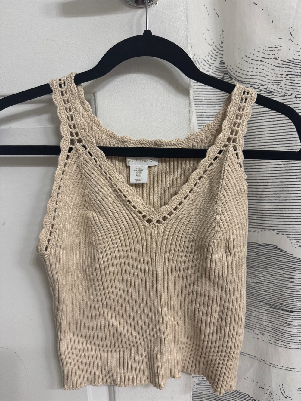 House of Harlow 1960 Crochet-Trim Ribbed Tank in Beige